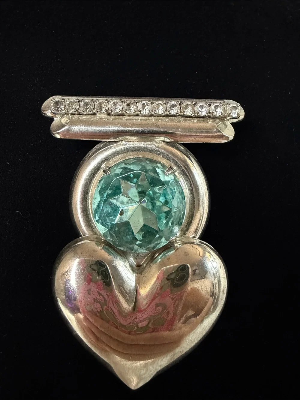 Vintage Teal Crystal & Silver-Tone Heart Brooch